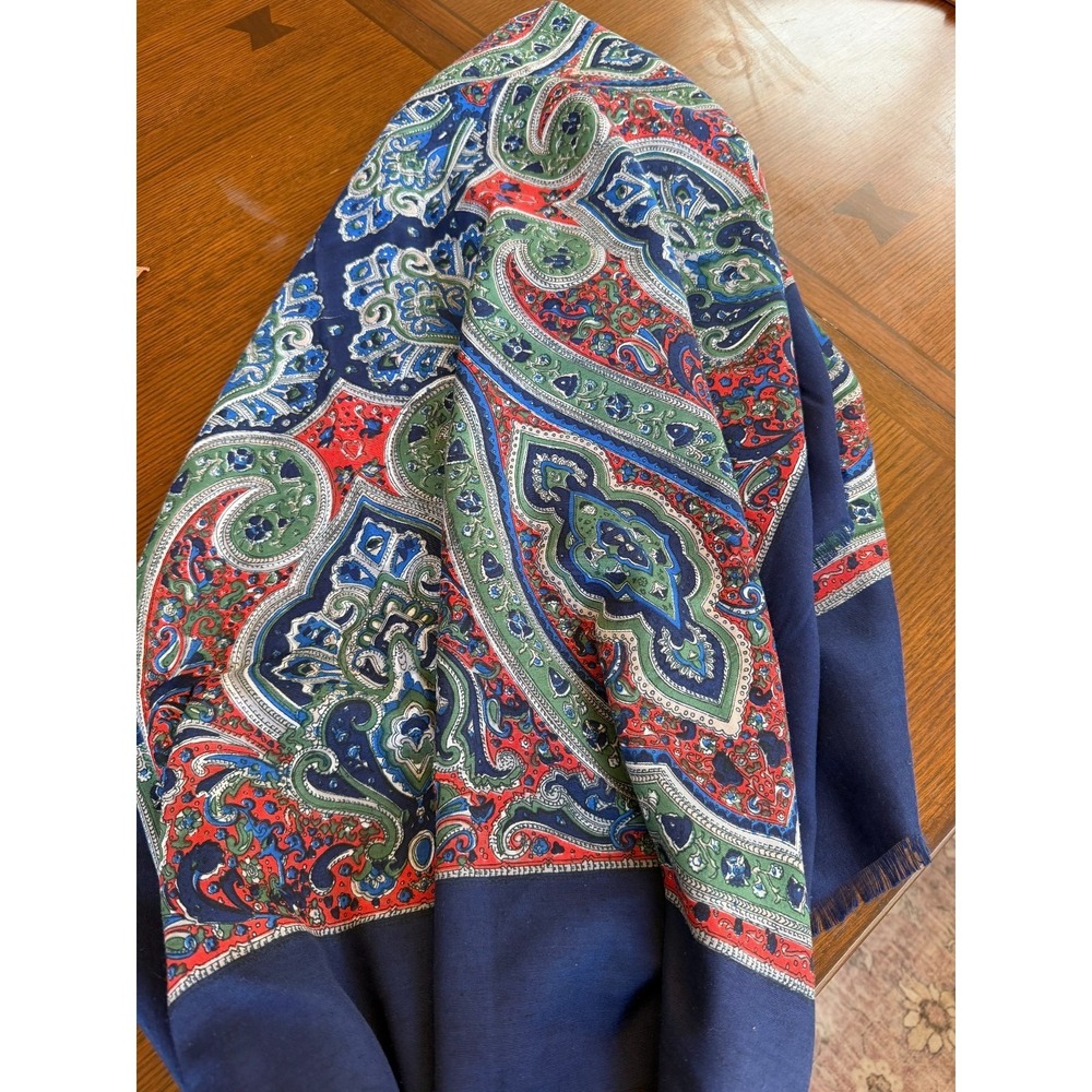 Paisley Wool Fringe Square Scarf 21 Navy Blue Red Green